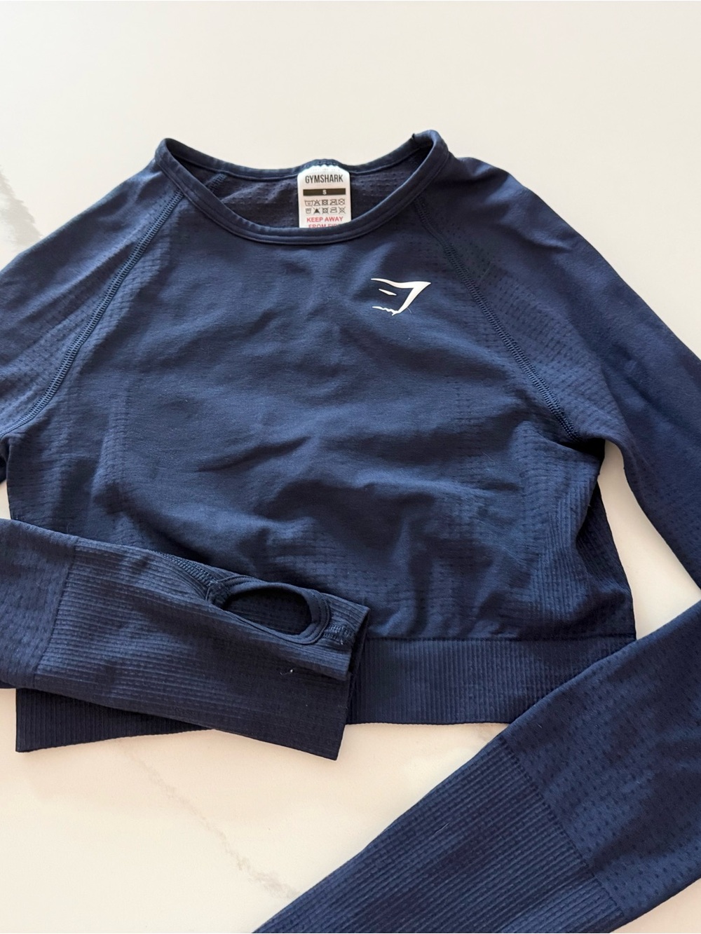 Gymshark Navy Blue Long Sleeve Crop Top with Thumbholes